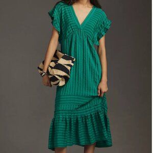Anthropologie Flutter Sleeve V-Neck Green Midi Dress Sz Small